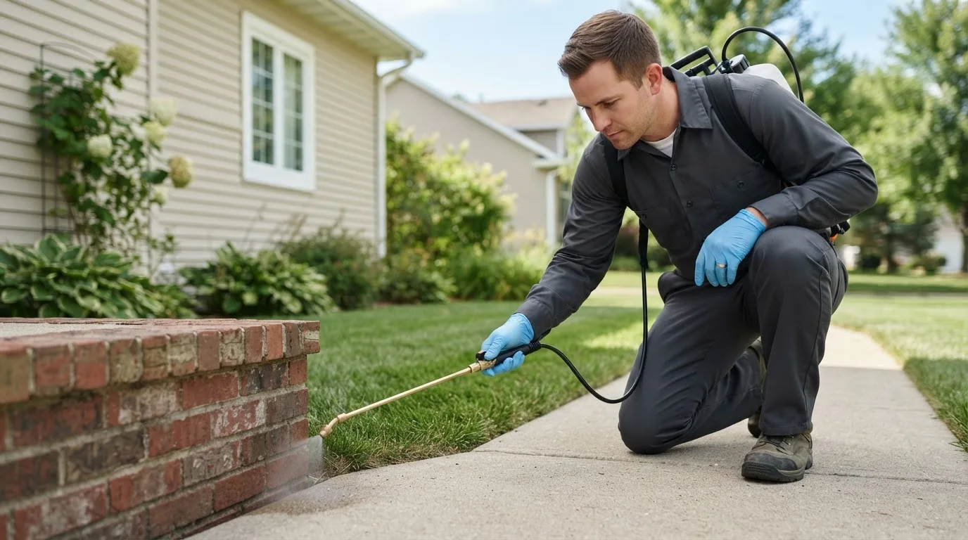 Pest control technician treating a home near Howells, NE